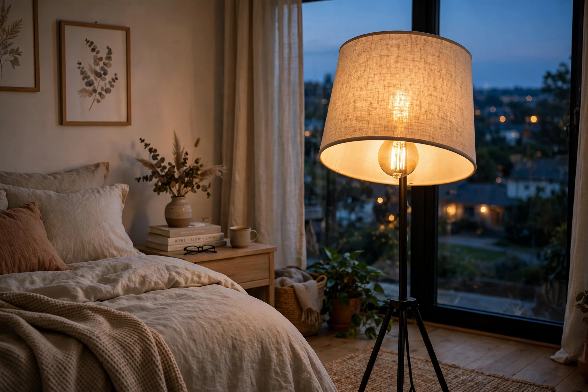 Warm 2700K bulb glowing inside a bedroom floor lamp shade at dusk