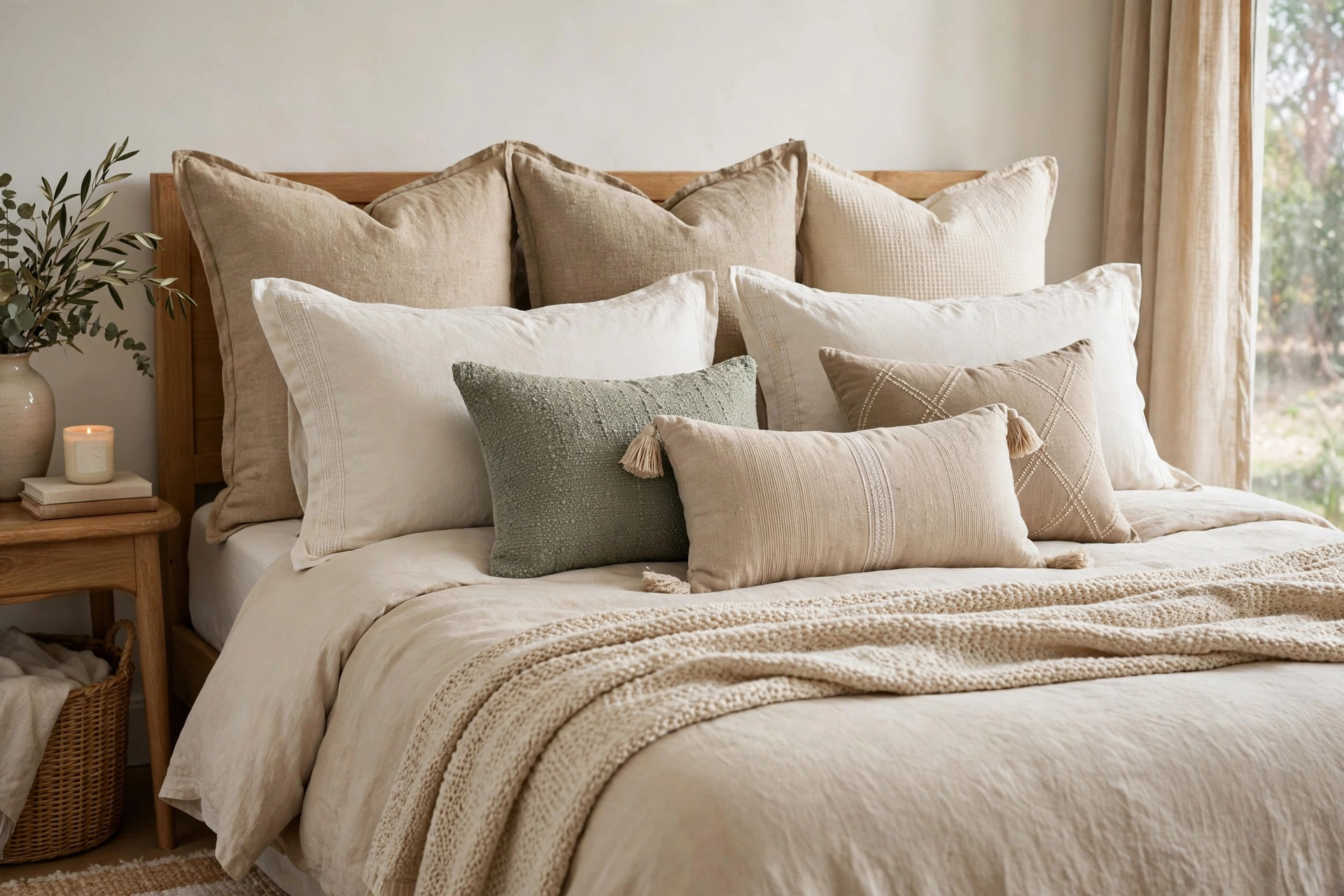 Pillows styled in rows from Euro shams to small accent pillows on a bed