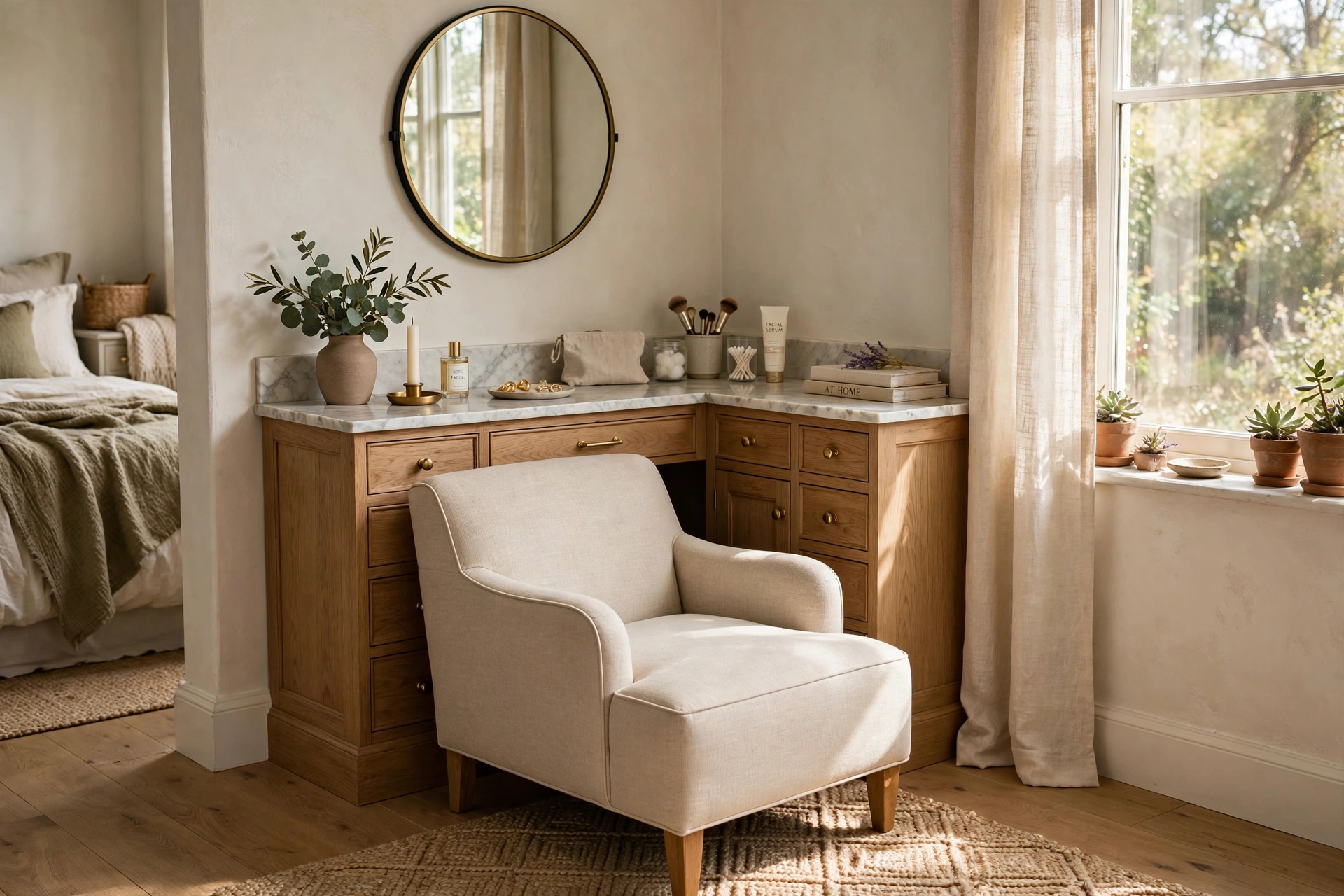 Slipper chair pulled up to a bedroom vanity doubling as corner seating