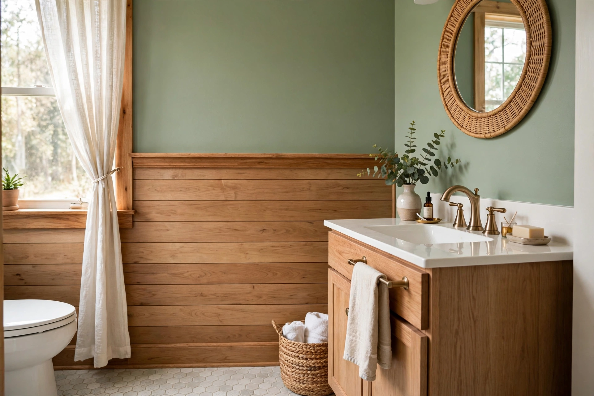 Half-wall shiplap with wood chair rail cap and green painted upper wall