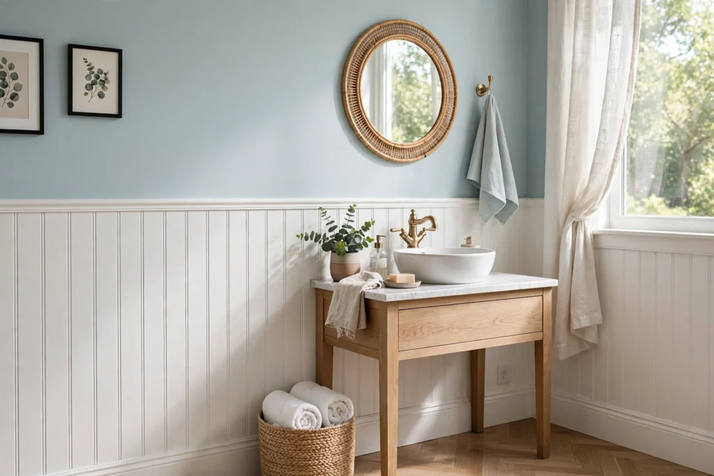 Two-tone bathroom wall with white beadboard wainscot and pale blue upper wall