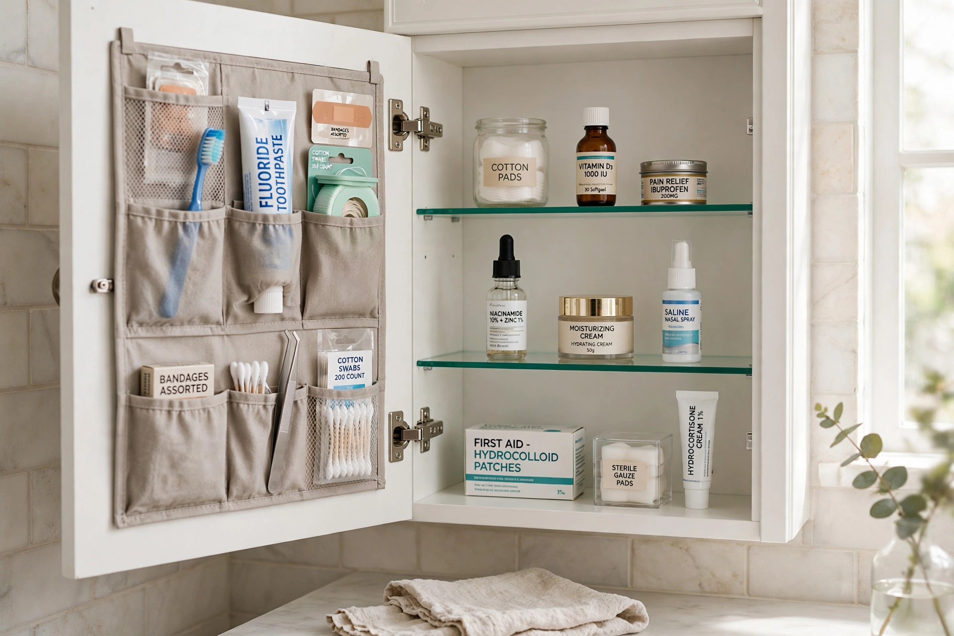 Open medicine cabinet showing door-mounted organizers and glass shelves