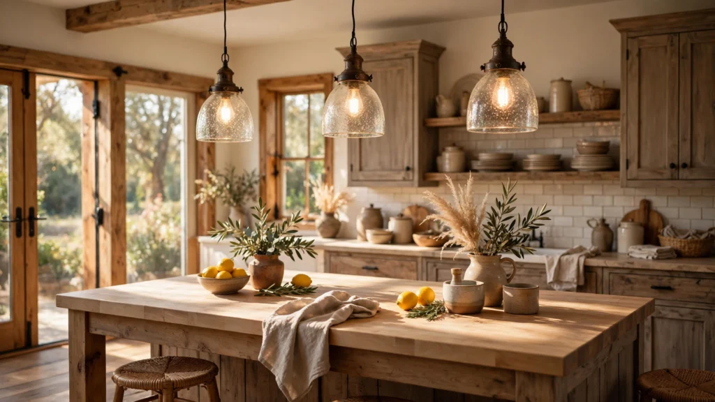 Rustic pendant lights with seeded glass over a kitchen island