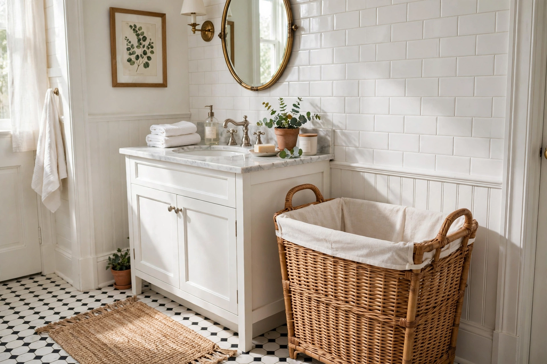Classic rattan wicker hamper with liner in a traditional white bathroom