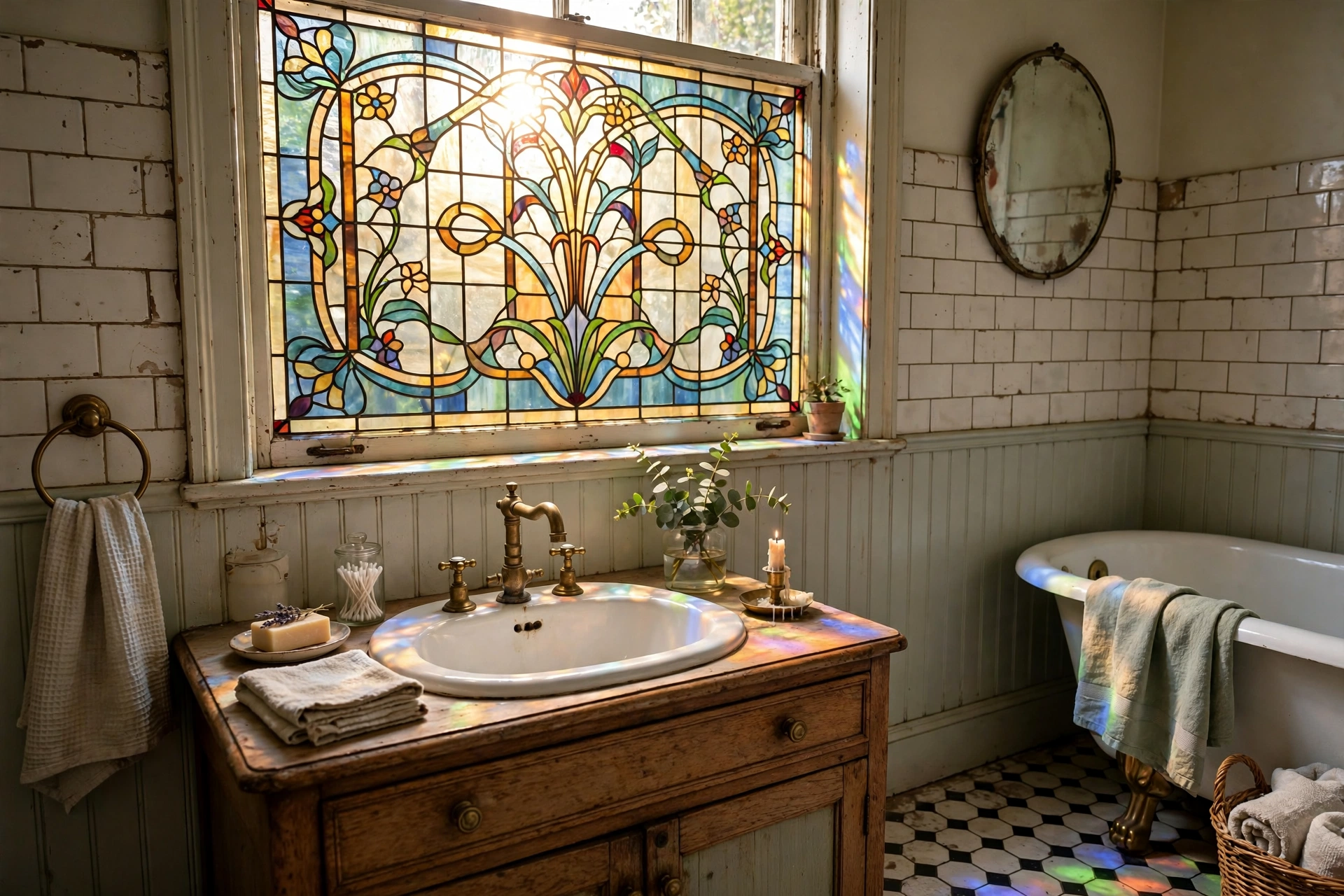 Decorative stained glass privacy panel glowing in a vintage bathroom window