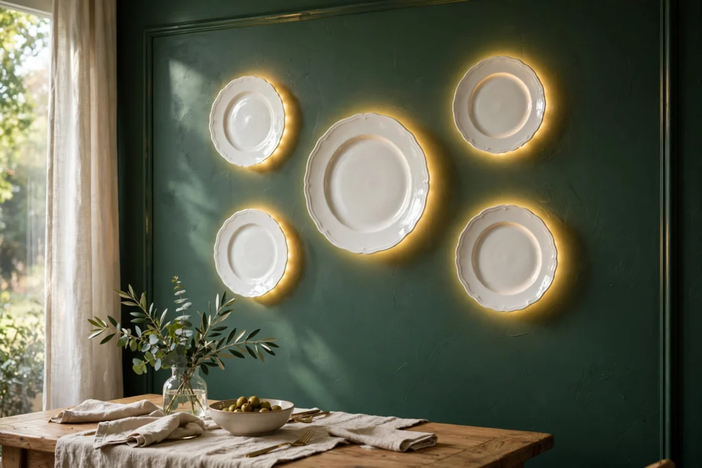 White plates glowing against a deep forest green painted dining room wall