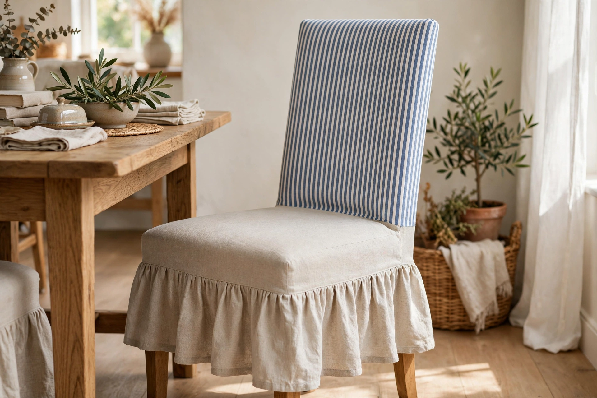 Two-tone slipcover with striped chair back and solid natural skirt