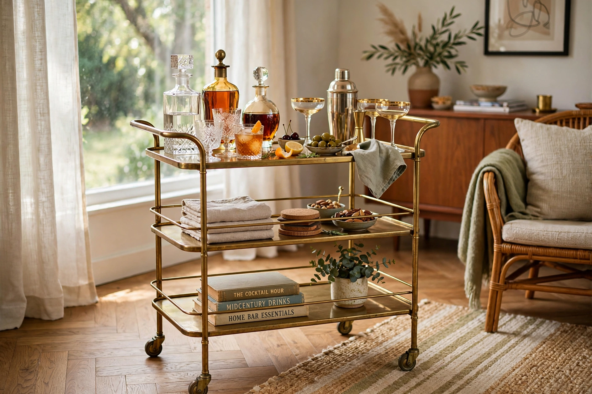 Mid-century brass bar cart styled with decanters and vintage glassware
