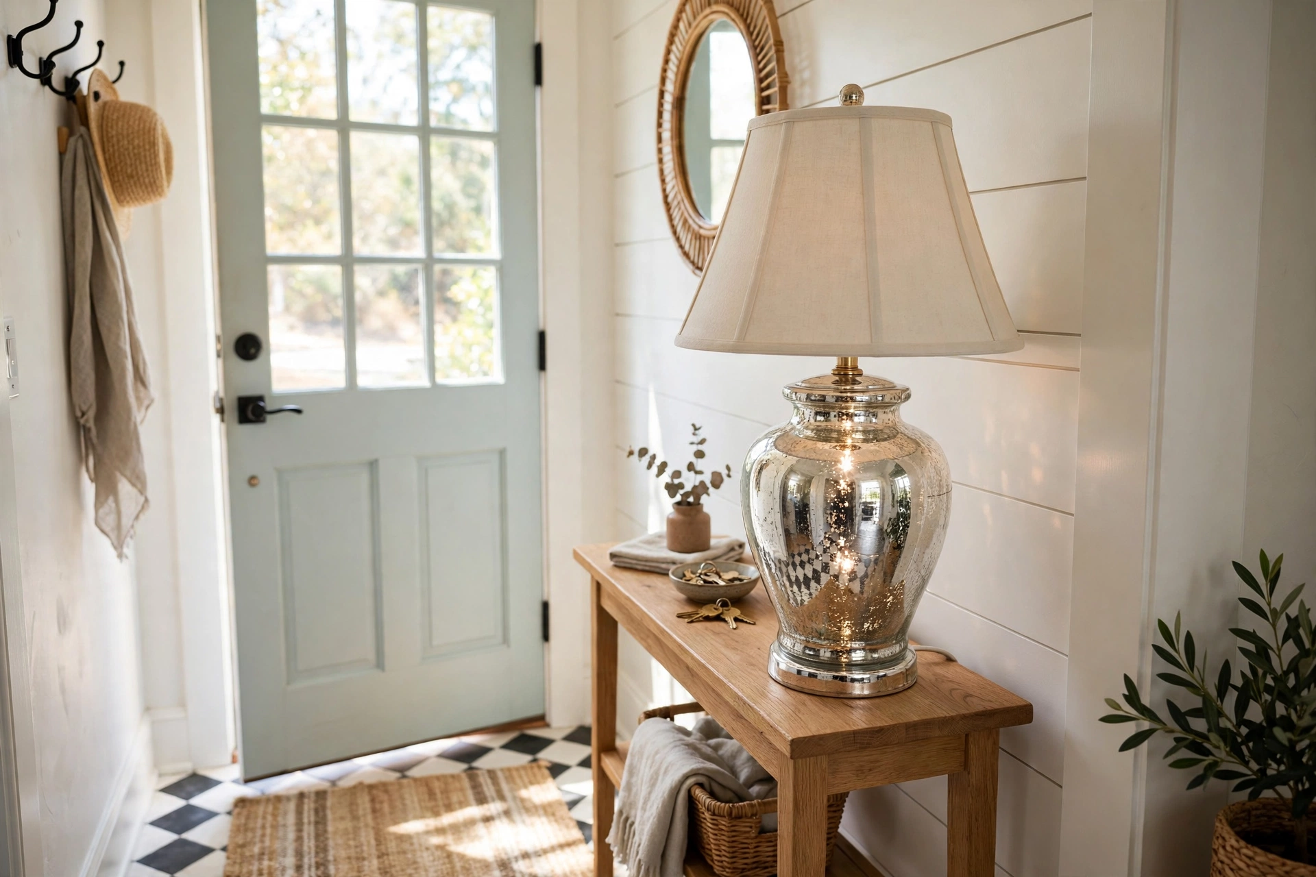 Mercury glass table lamp reflecting light in a small bright entryway
