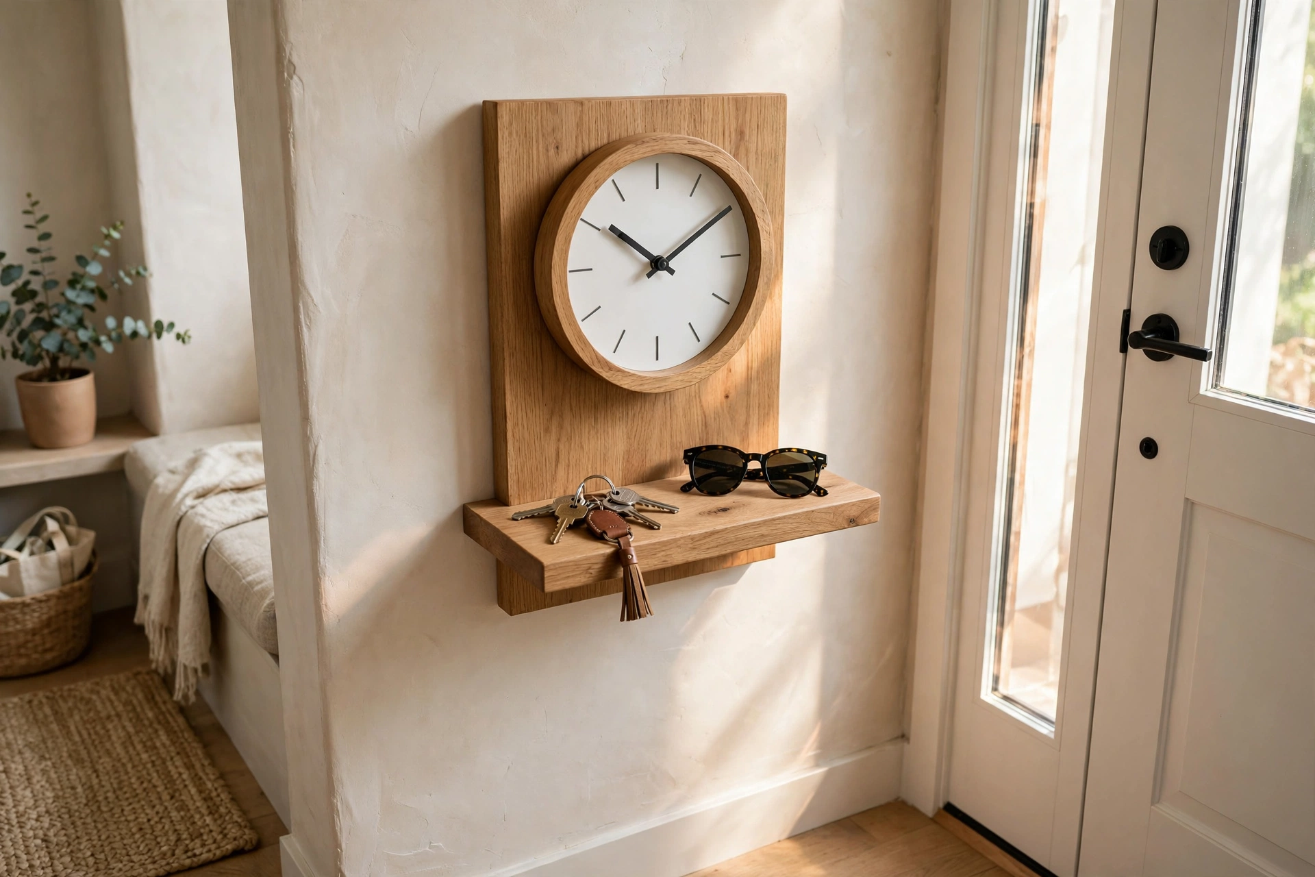 Wall clock with integrated wooden shelf holding keys and sunglasses in a small entry
