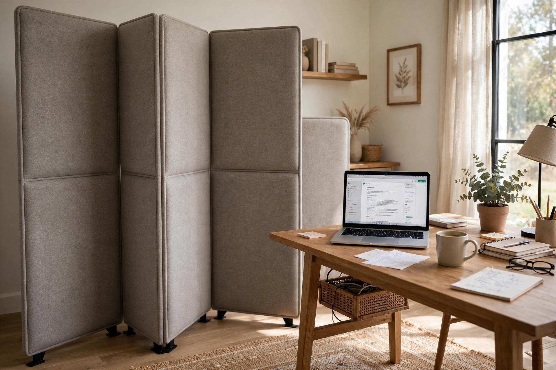 Freestanding upholstered acoustic divider panels beside a home office desk