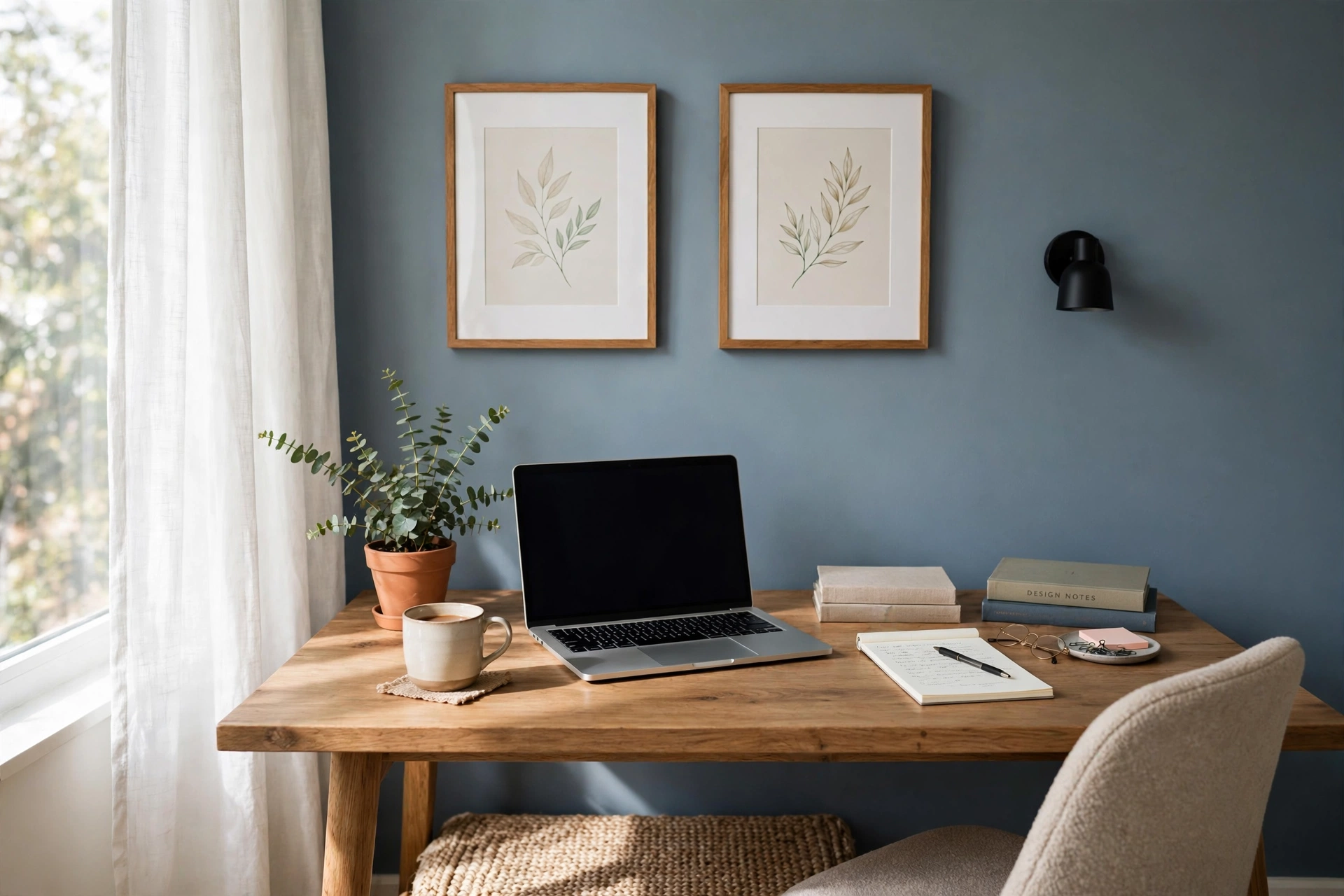 Blue-gray accent wall behind a desk creating a calm video call backdrop