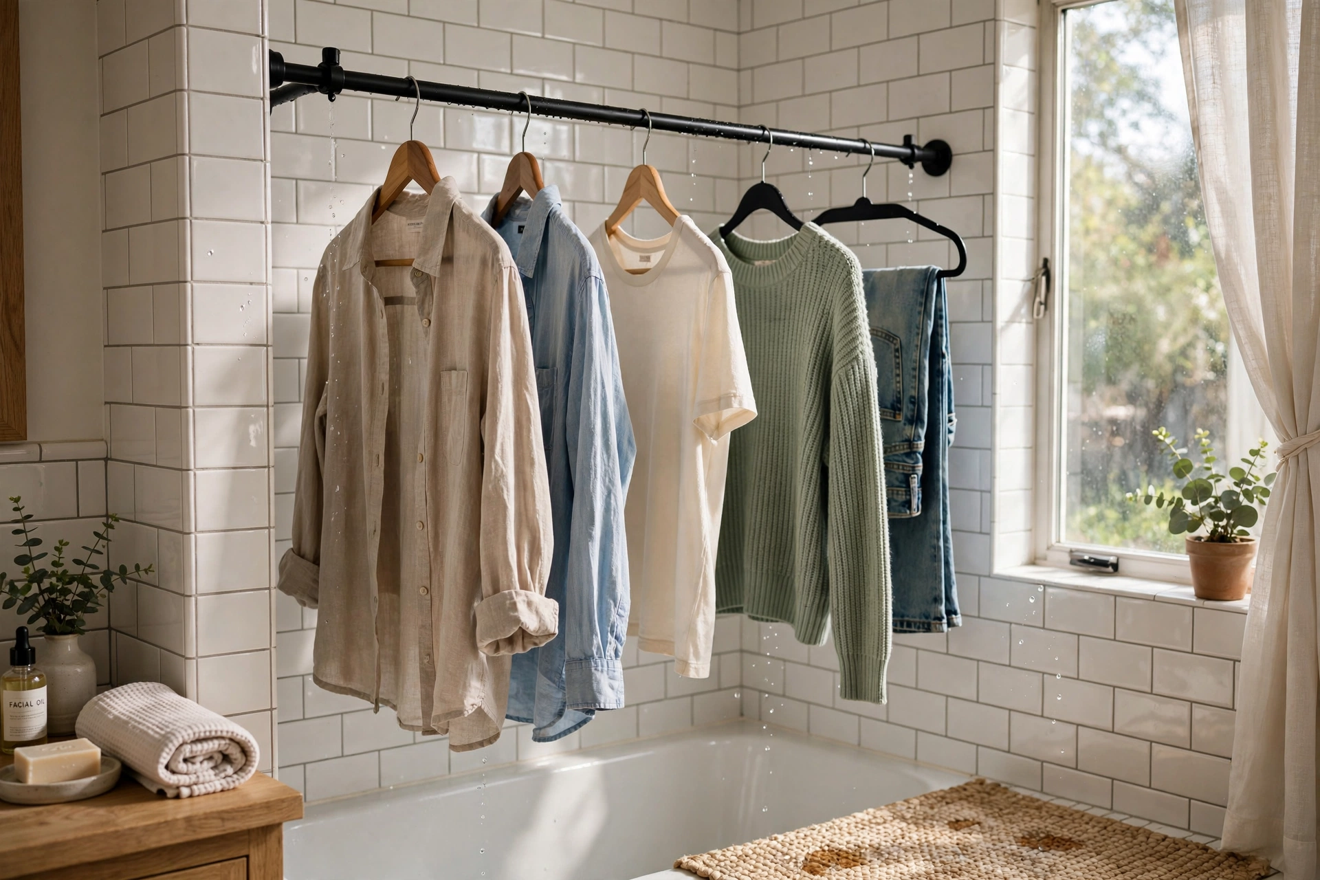Clothes on hangers drying from a bathroom shower rod