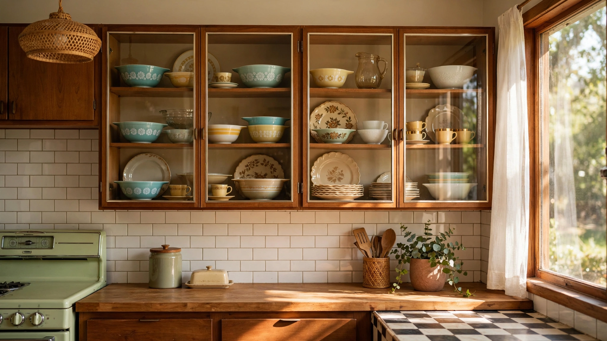 Glass-front cabinets showing vintage dishware in a retro kitchen