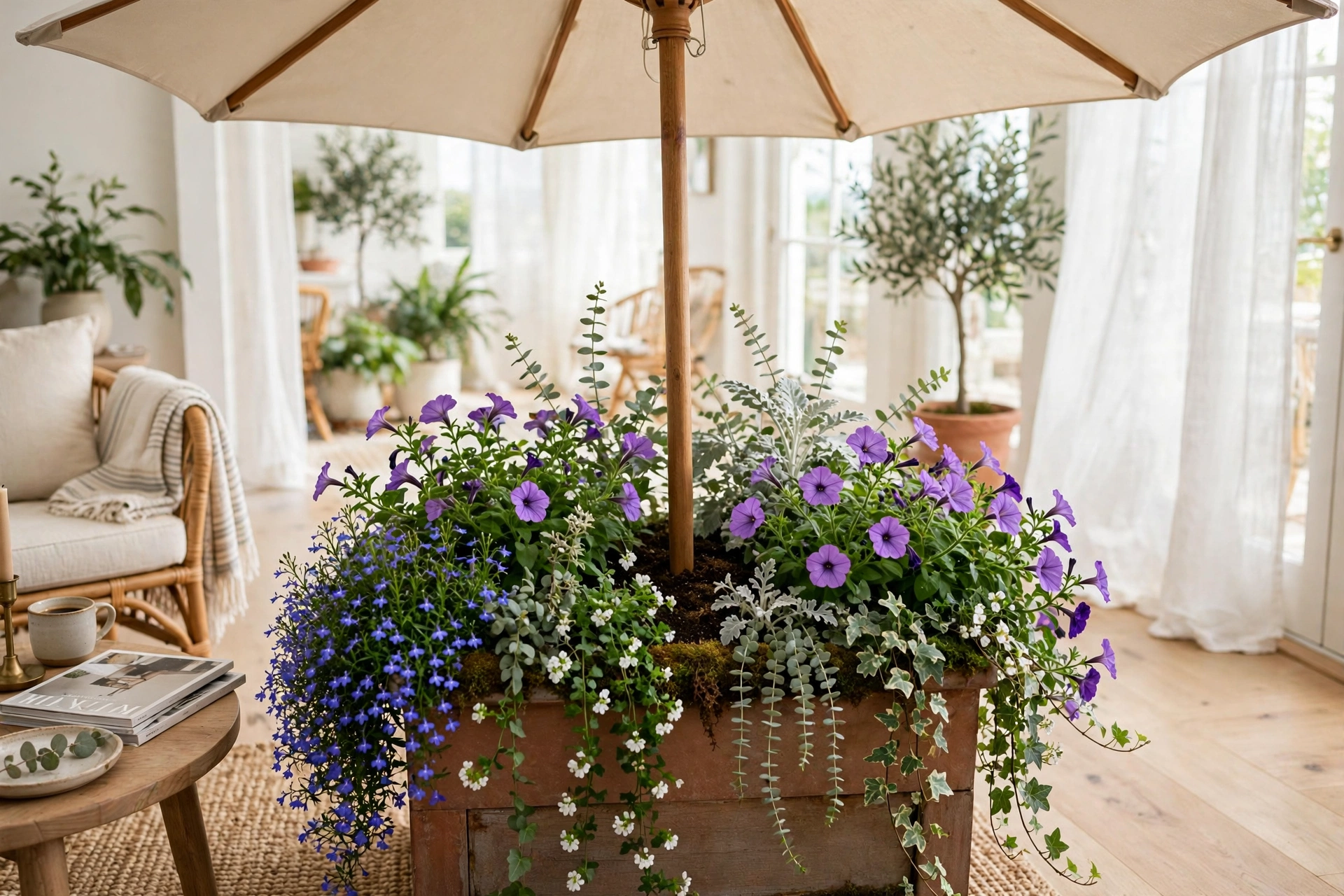Umbrella rising from a planter base filled with trailing flowers