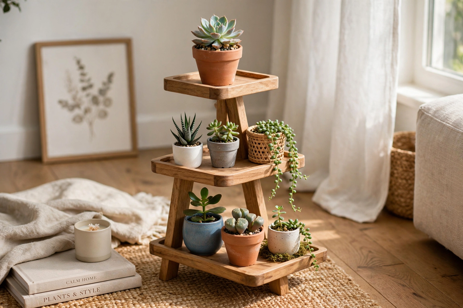 Tiered wooden plant stand displaying small potted succulents