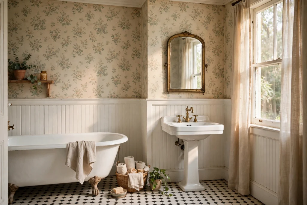 White beadboard wainscoting in a vintage bathroom