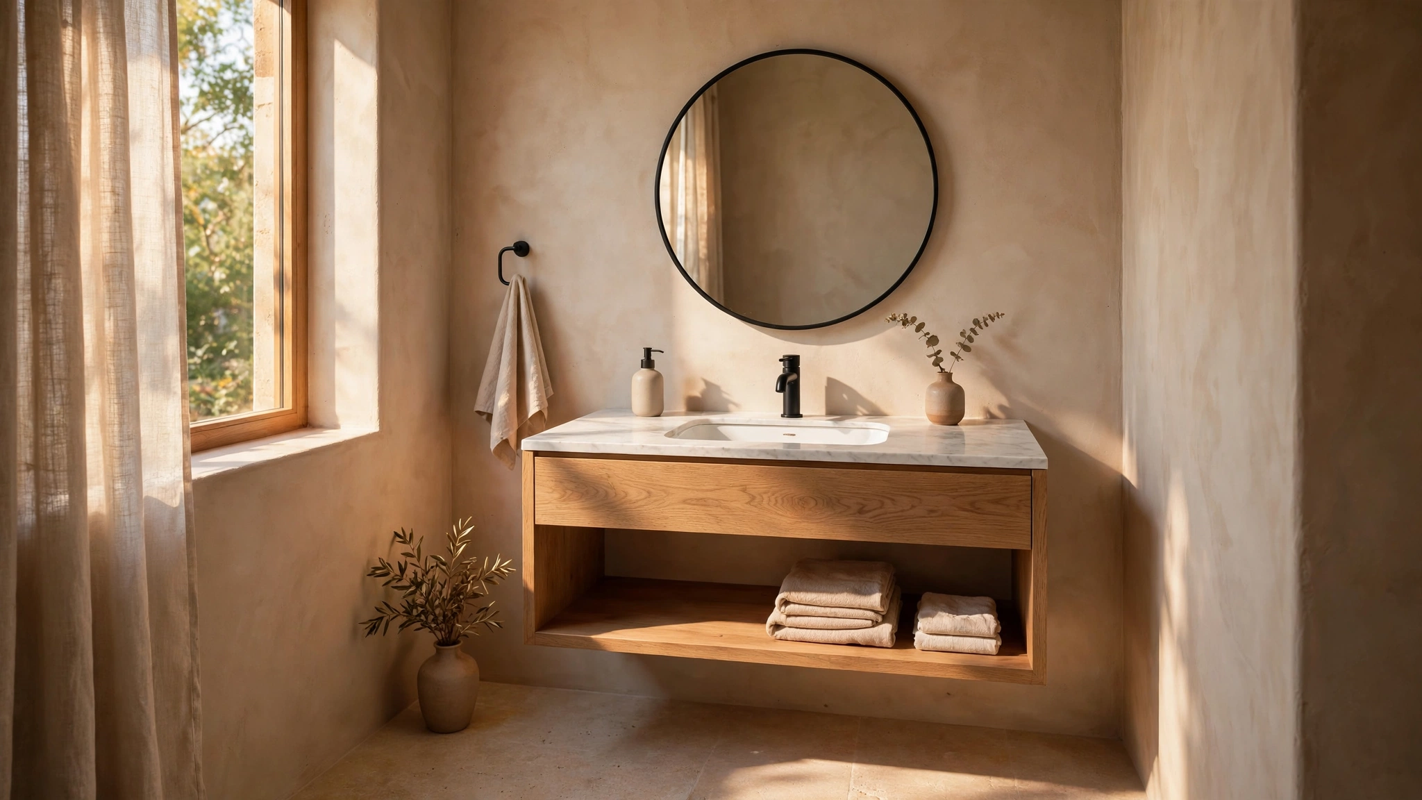 Floating vanity with open shelf in a compact powder room