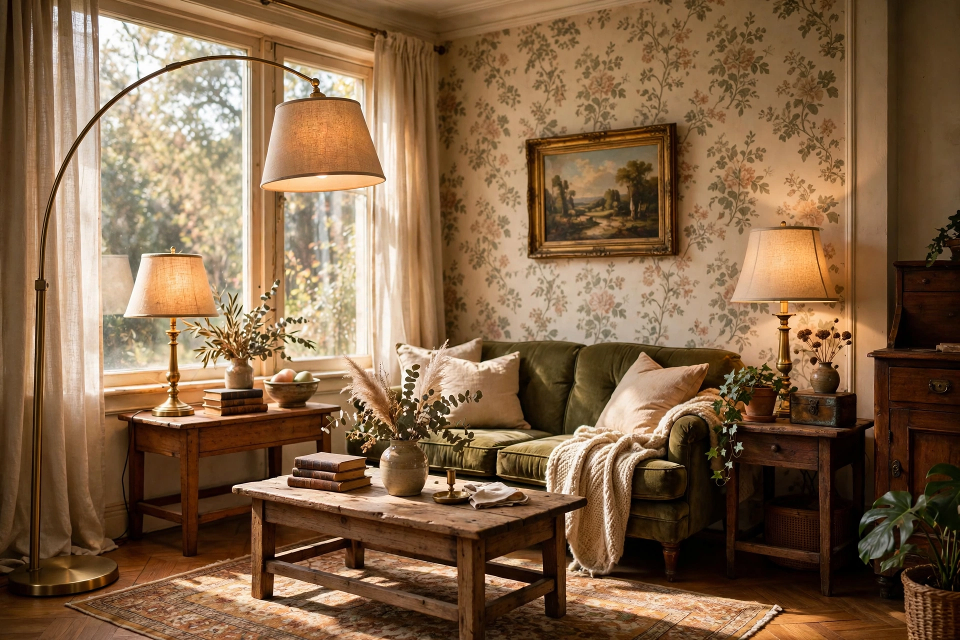 Brass arc floor lamp and table lamps with fabric shades in a vintage living room