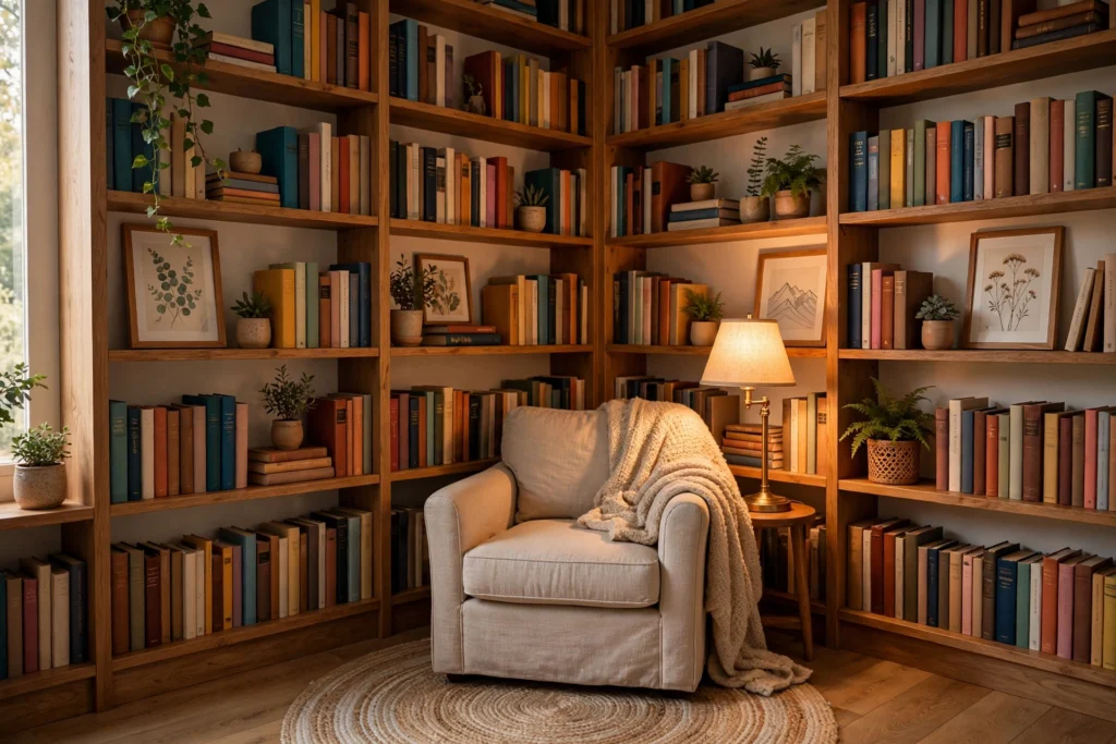 Reading nook wrapped in floor-to-ceiling bookshelves with an armchair