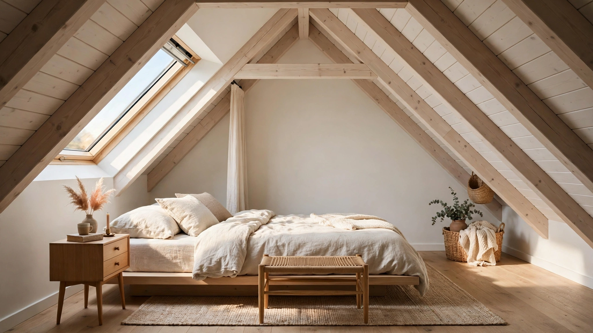 Attic bedroom design idea with low-profile furniture under a sloped ceiling