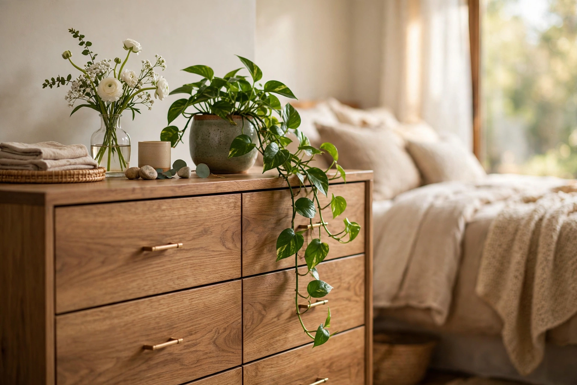 Guest bedroom design ideas with fresh flowers and a small plant on the dresser
