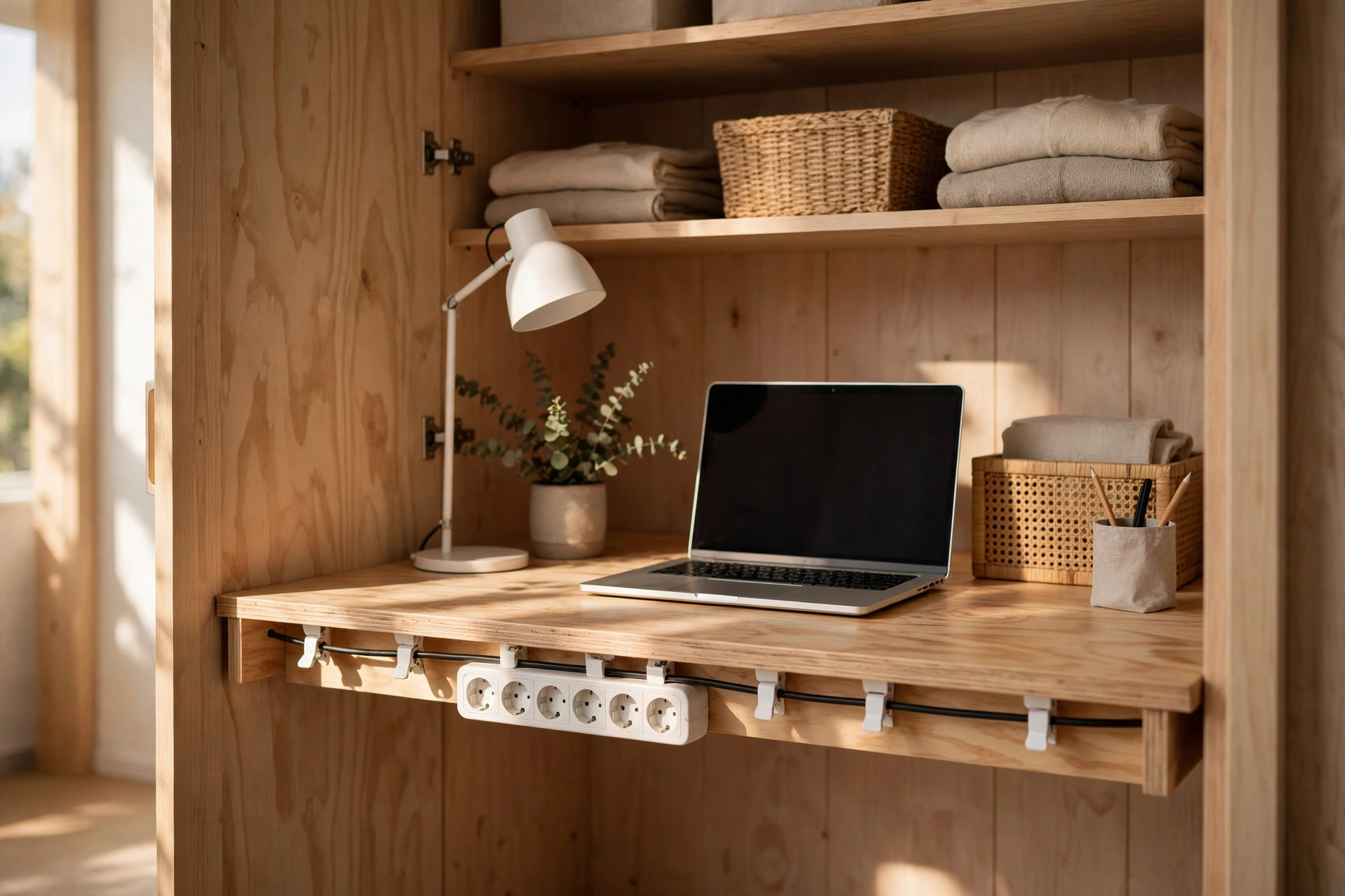 Tidy closet office desk with hidden cables and a power strip mounted under the desktop
