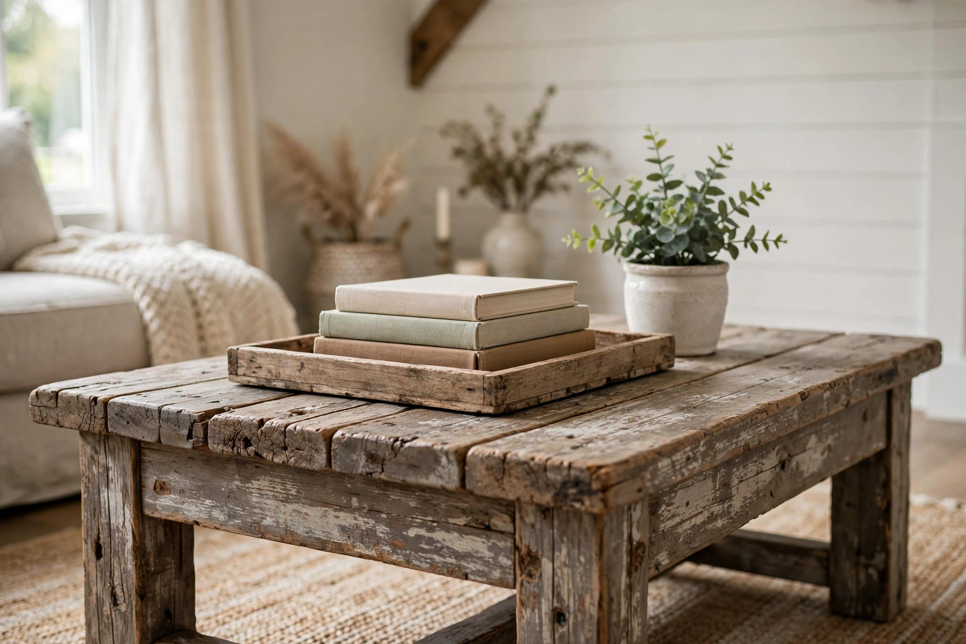 Distressed wood farmhouse coffee table styled with tray, books and small plant