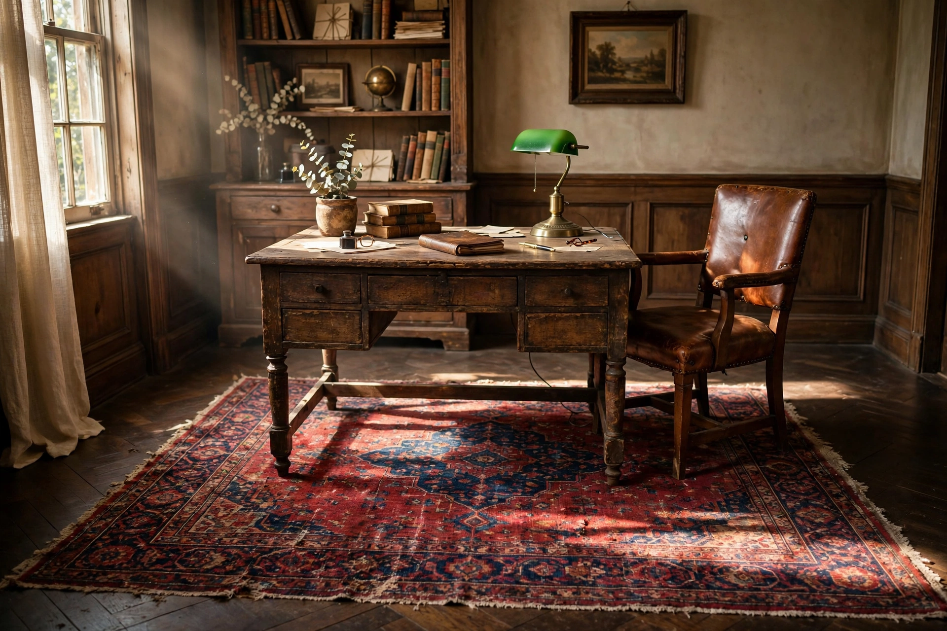 Worn Persian rug in deep reds under an antique desk in a vintage home office