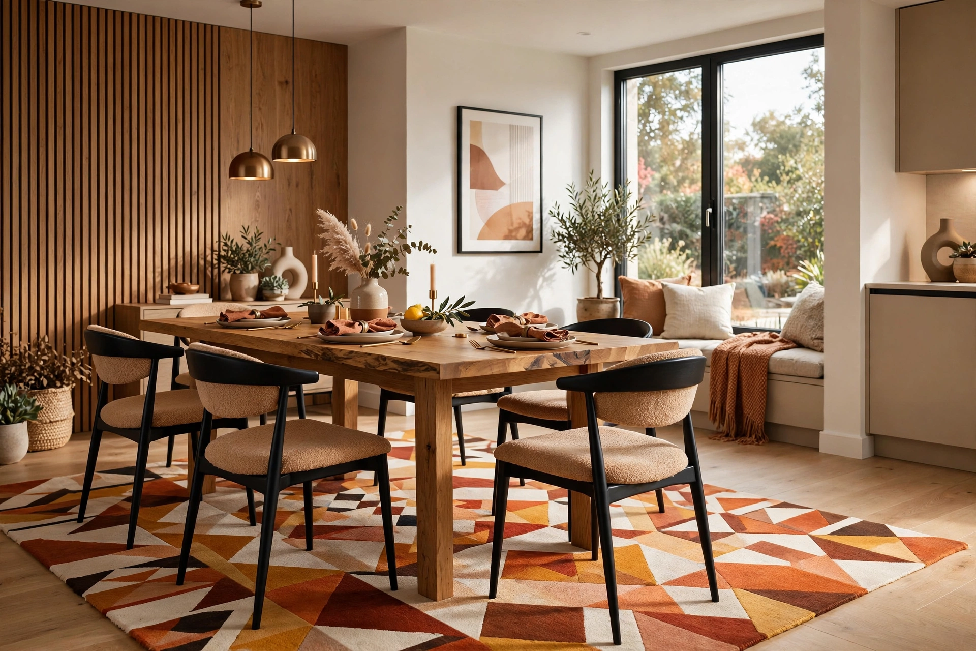 Modern dining room with a bold geometric area rug layered under the dining table