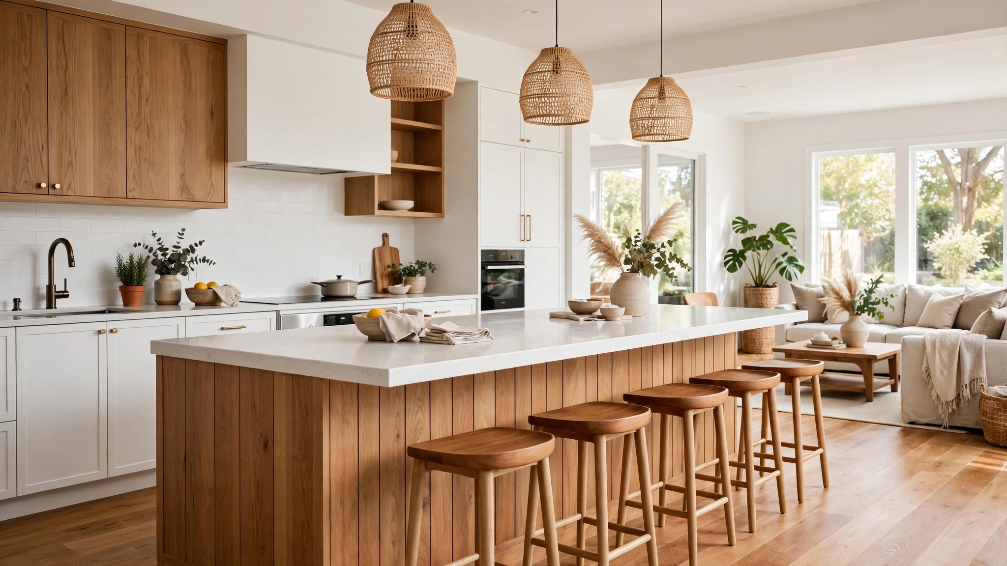 Kitchen island with backless stools used as a dining spot in an open-plan home