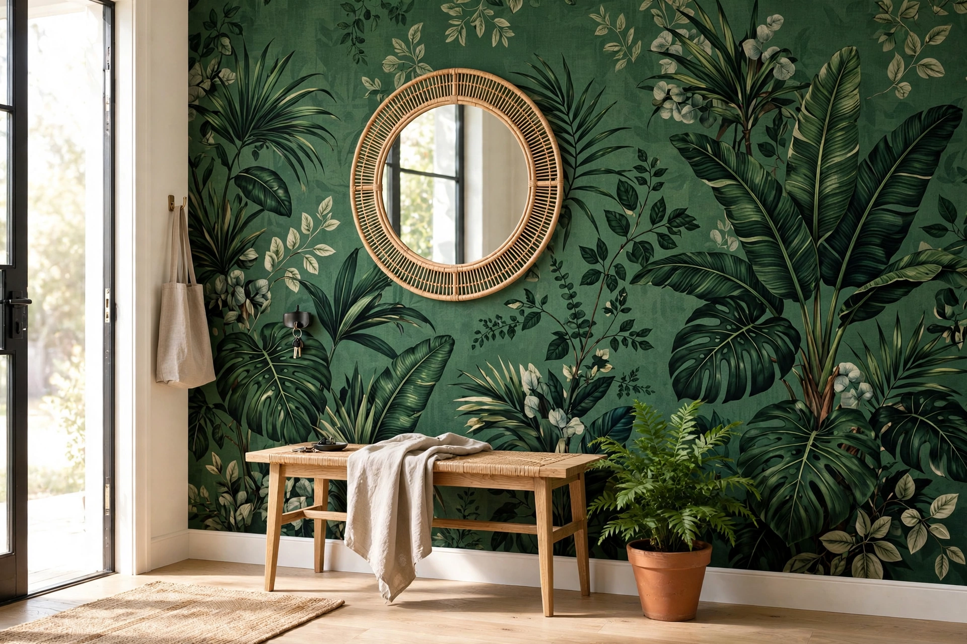Entryway accent wall with bold botanical wallpaper, a small bench, and a round mirror