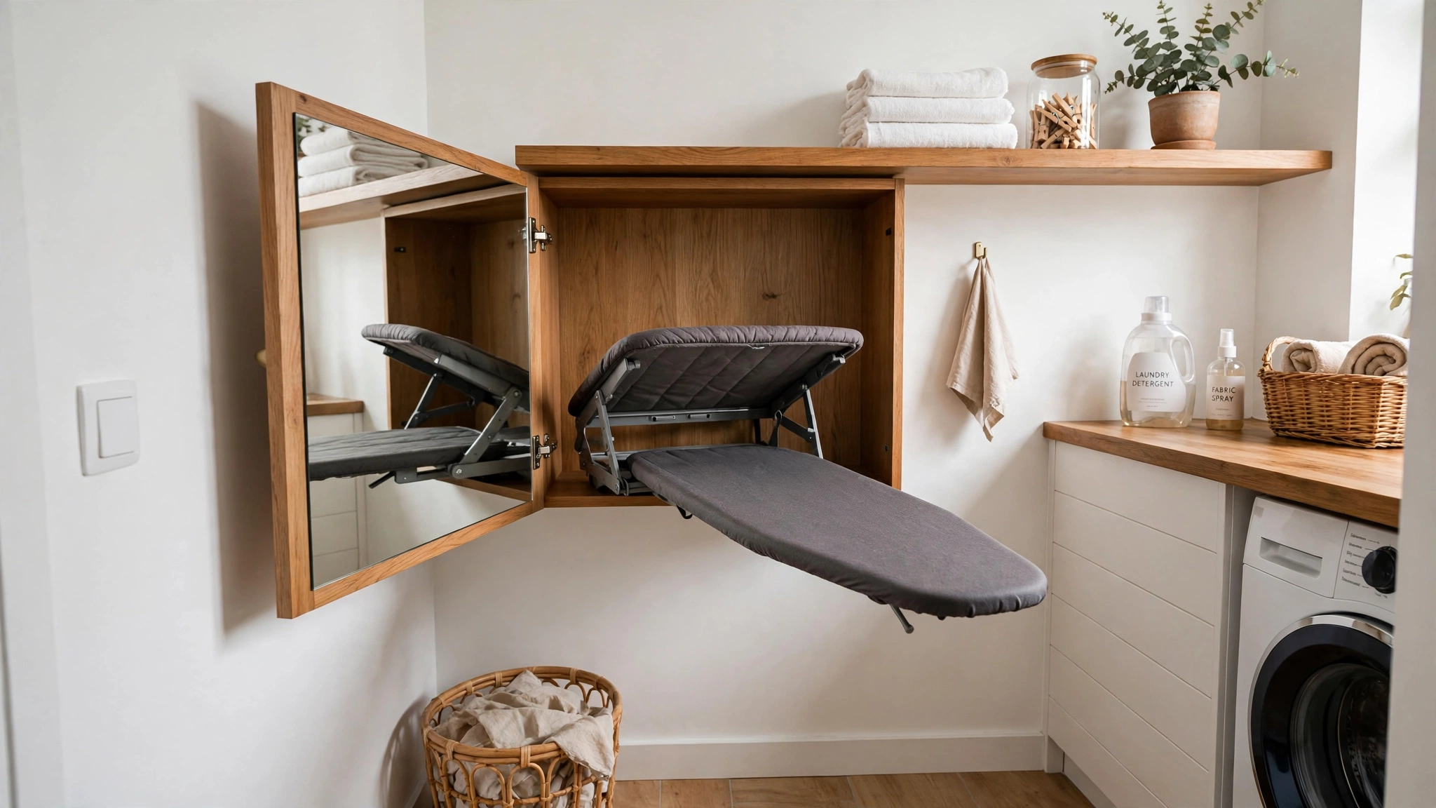 Fold-down ironing board mounted inside a shallow mirrored wall cabinet in a small laundry room