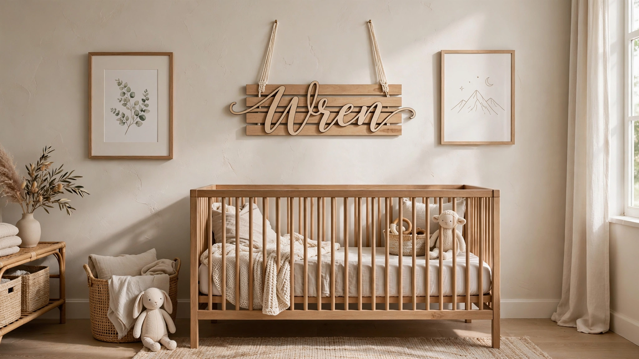 Wooden baby name sign hanging on the wall above a nursery crib