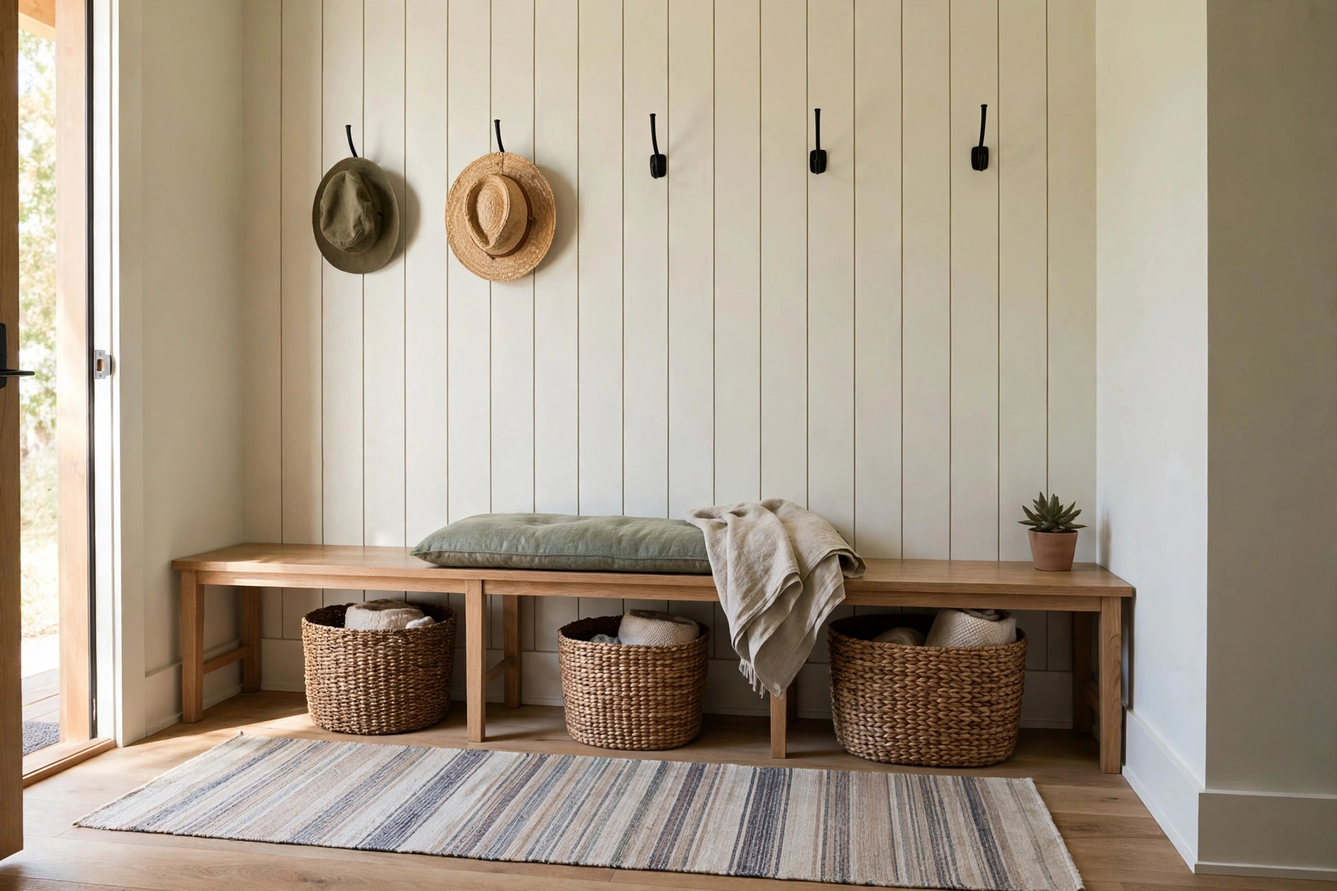 Small-space mudroom design ideas with a bench, hooks and baskets on a single wall