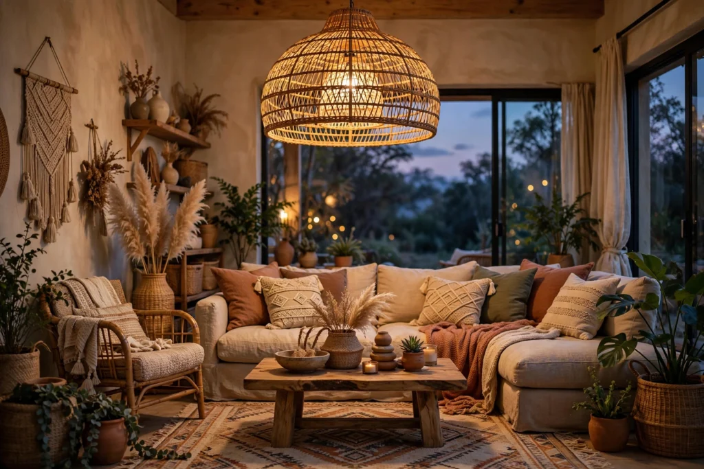 Boho living room design ideas with a large rattan pendant light glowing warmly overhead