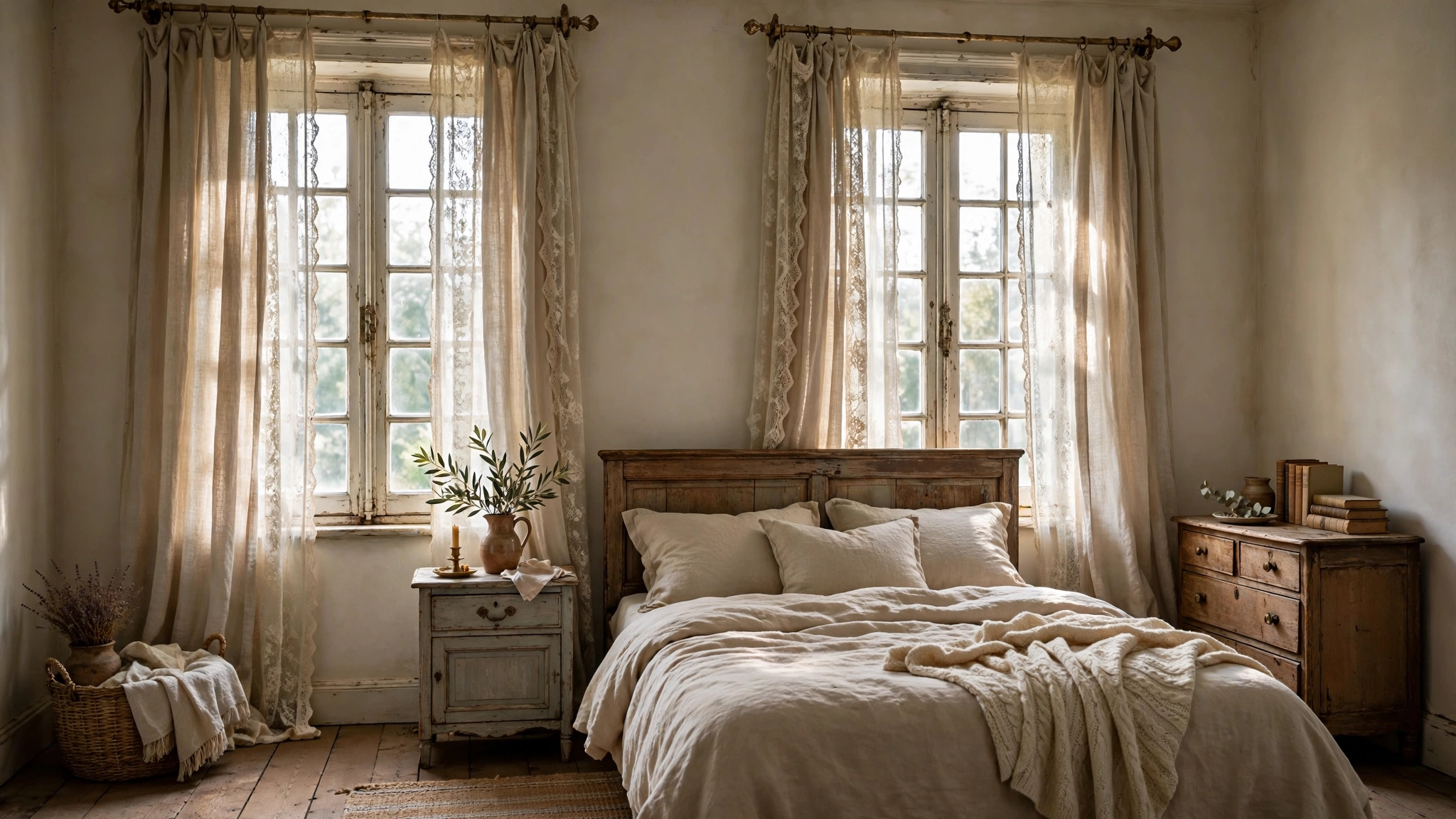 Vintage bedroom design ideas with sheer linen curtains and lace panels filtering light