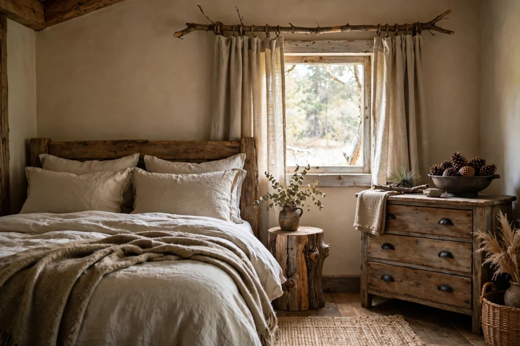 Rustic bedroom design ideas with a branch curtain rod, stump side table and pinecones