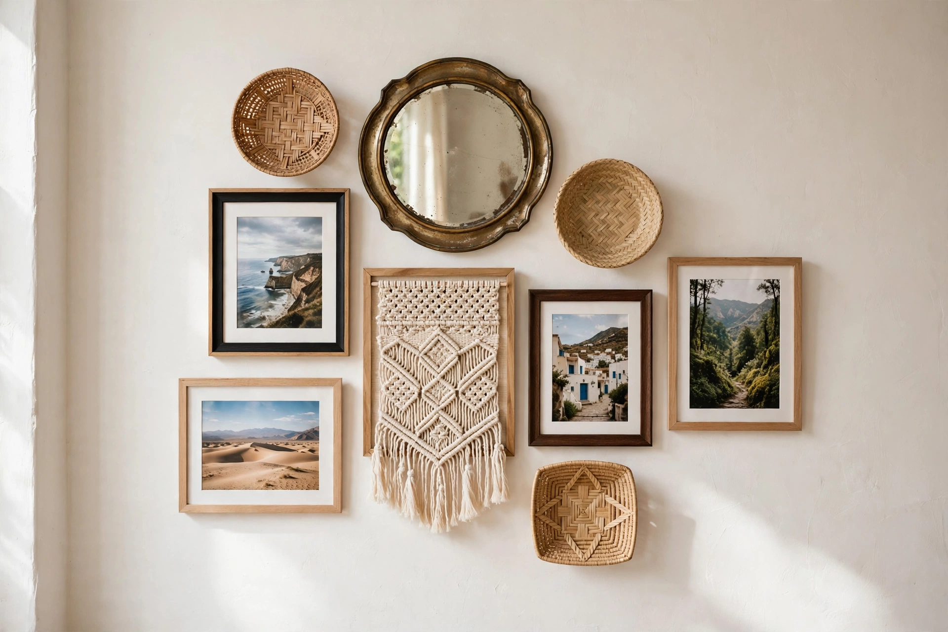 Eclectic boho gallery wall with baskets, mirror and travel photos