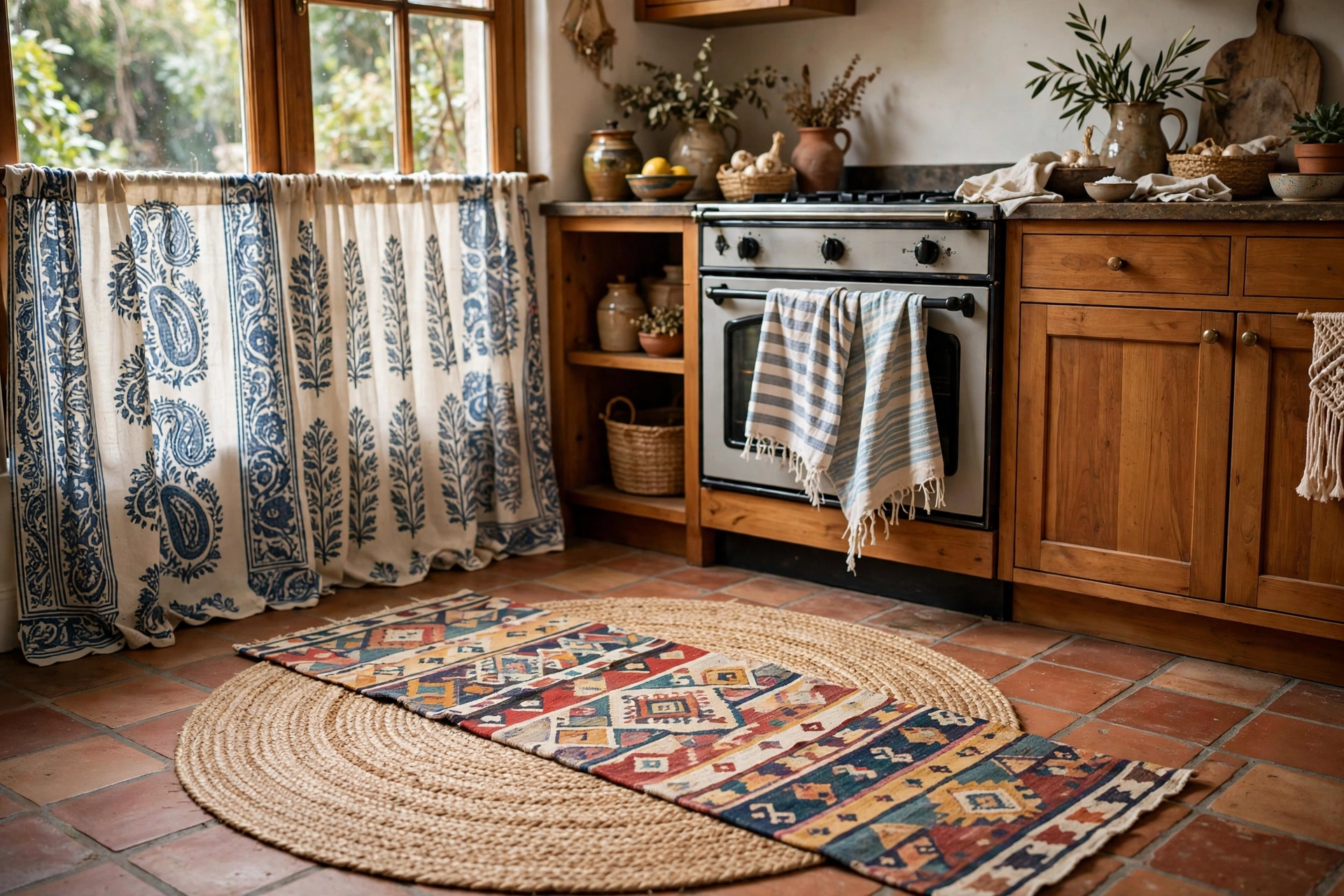 Boho kitchen design ideas with a kilim runner layered over a jute mat, block-printed café curtains and Turkish towels