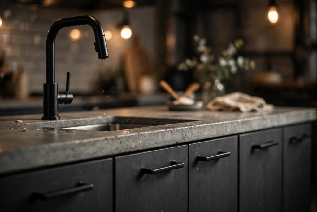 Industrial kitchen design ideas with matte black faucet, cabinet pulls and hardware on dark kitchen cabinetry