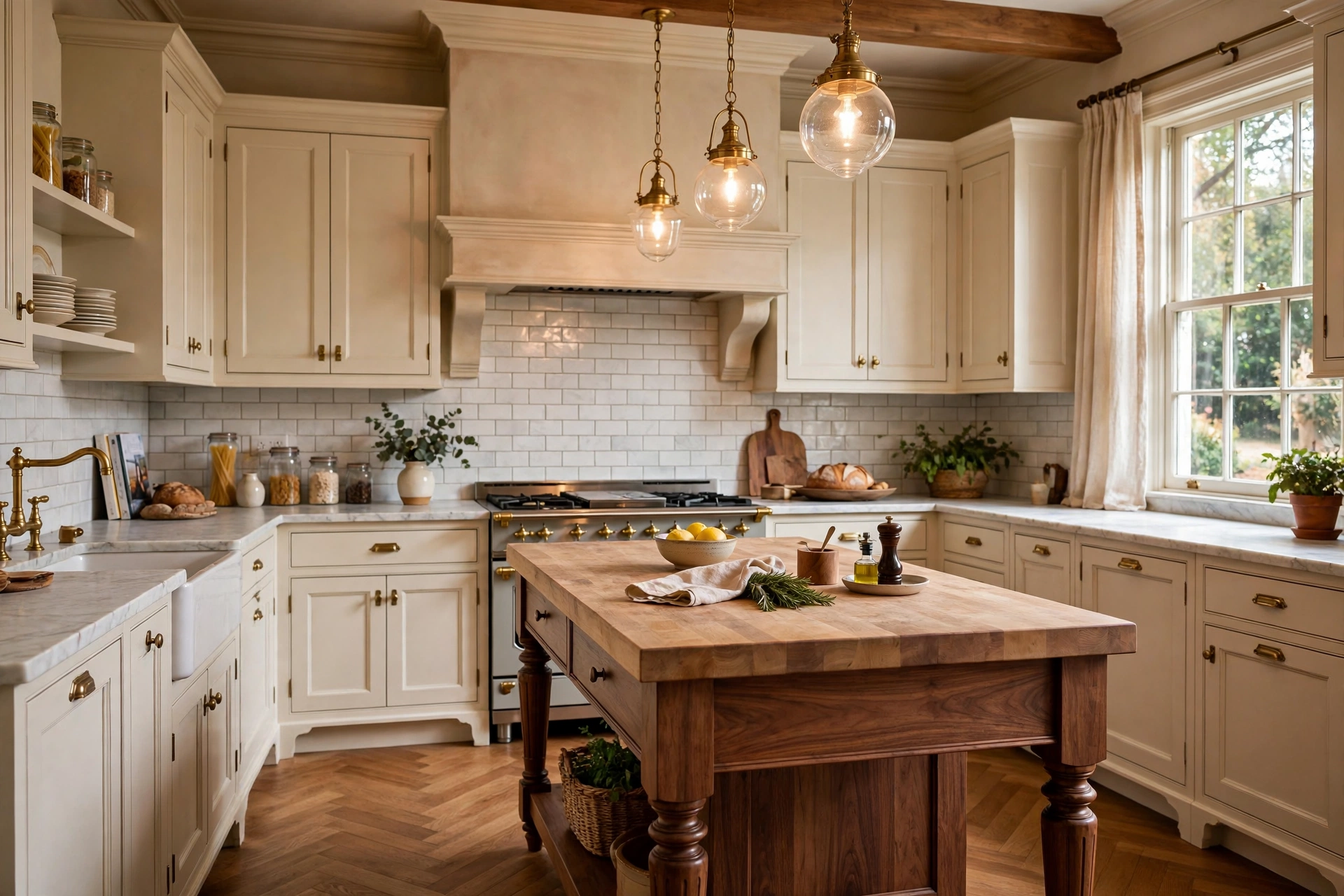Traditional kitchen design ideas with a walnut wood island, turned furniture legs and butcher block top