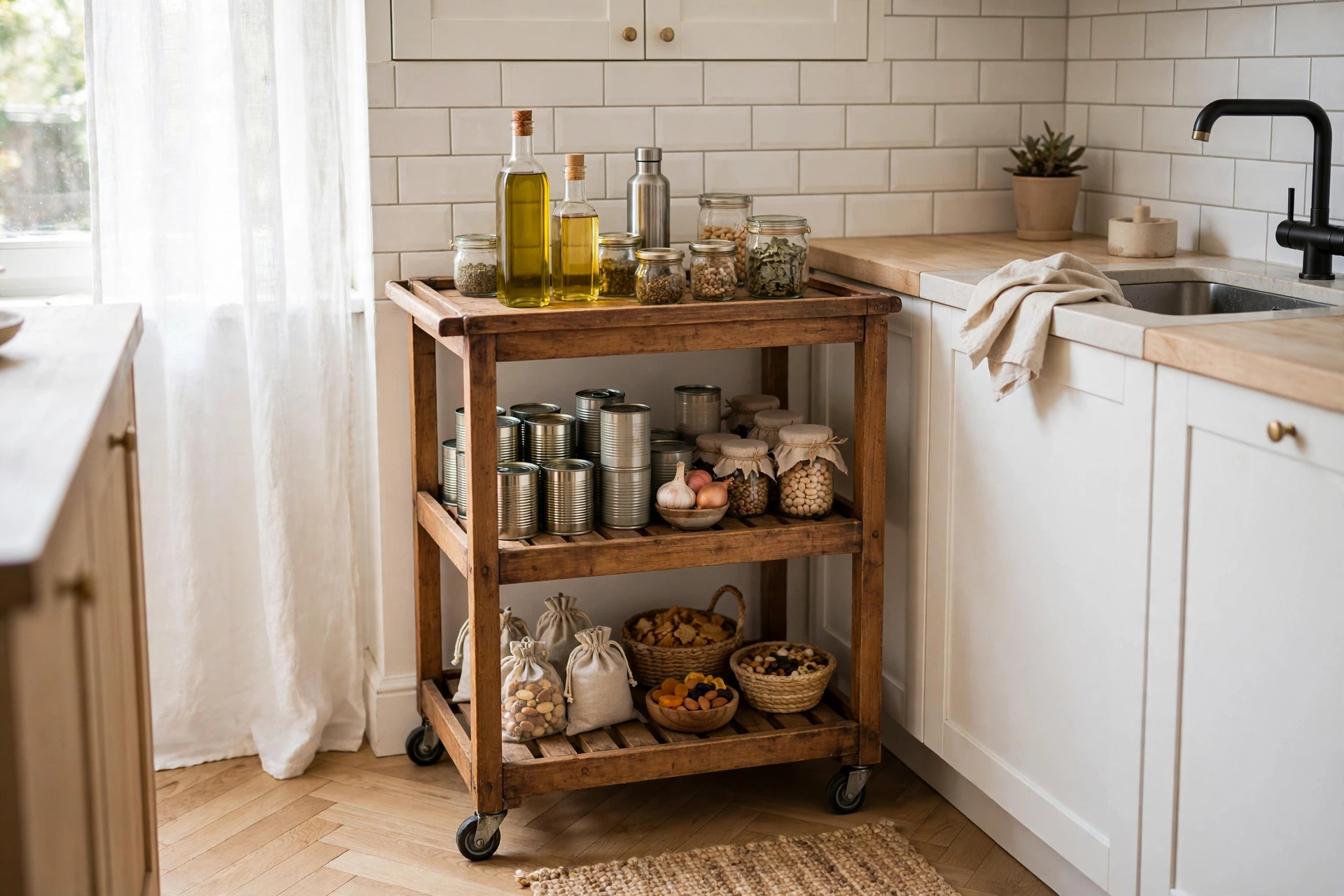 Three-tier rolling kitchen cart stocked as a mobile pantry beside kitchen counters