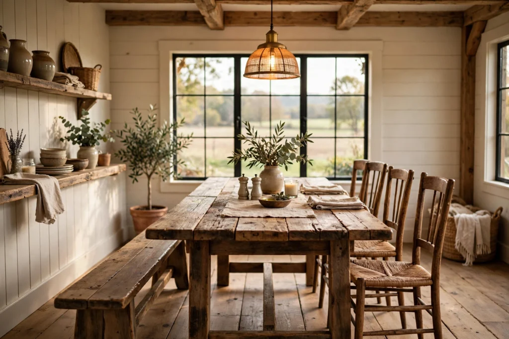 Farmhouse dining room with a wood bench tucked along a reclaimed table
