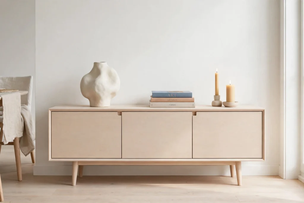 Minimal light wood sideboard styled with a vase, books and candles in a Scandinavian dining room