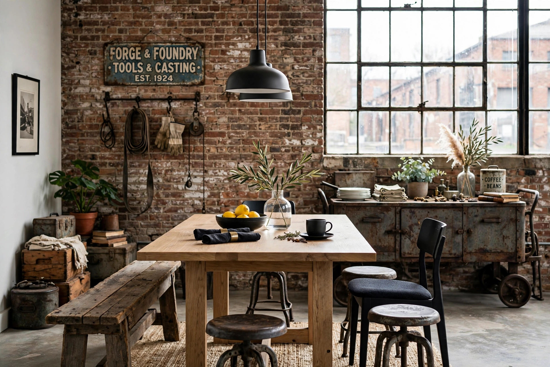 Vintage factory finds mixed with modern pieces in an eclectic industrial dining room