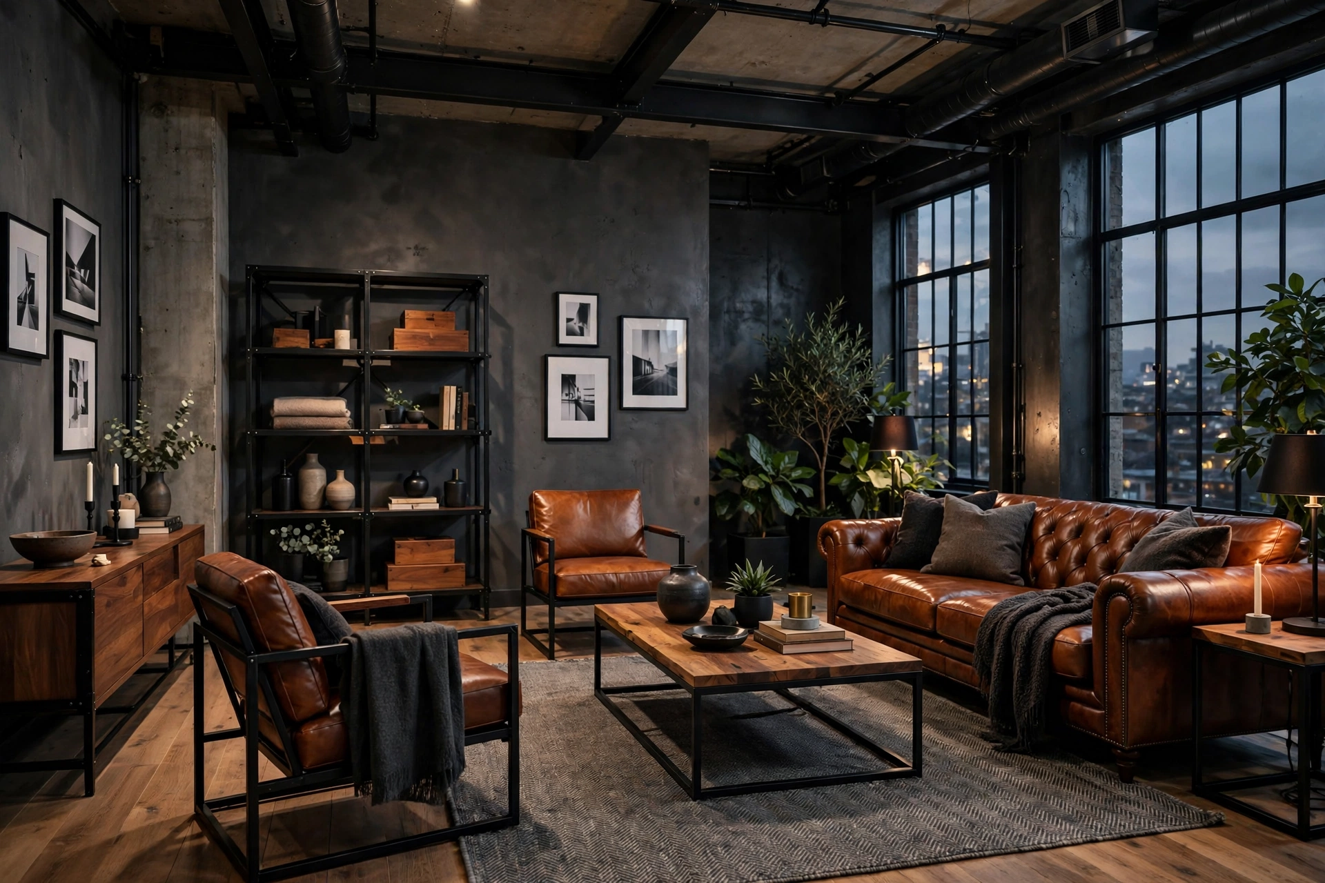 Moody neutral palette of charcoal, gray and cognac in an industrial living room