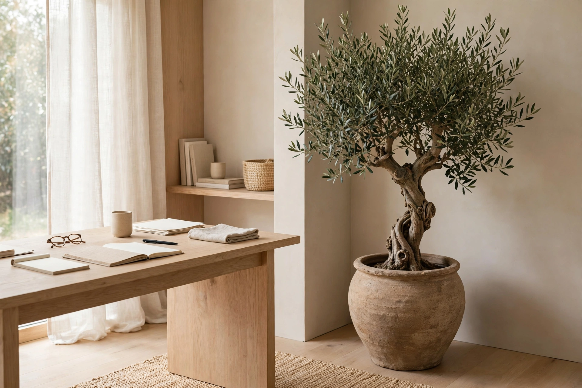 Single sculptural olive tree in a handmade ceramic pot in Japandi home office