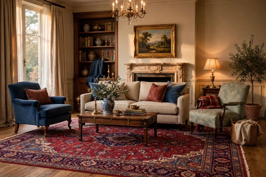 Traditional living room design ideas with a Persian oriental rug anchoring the seating area