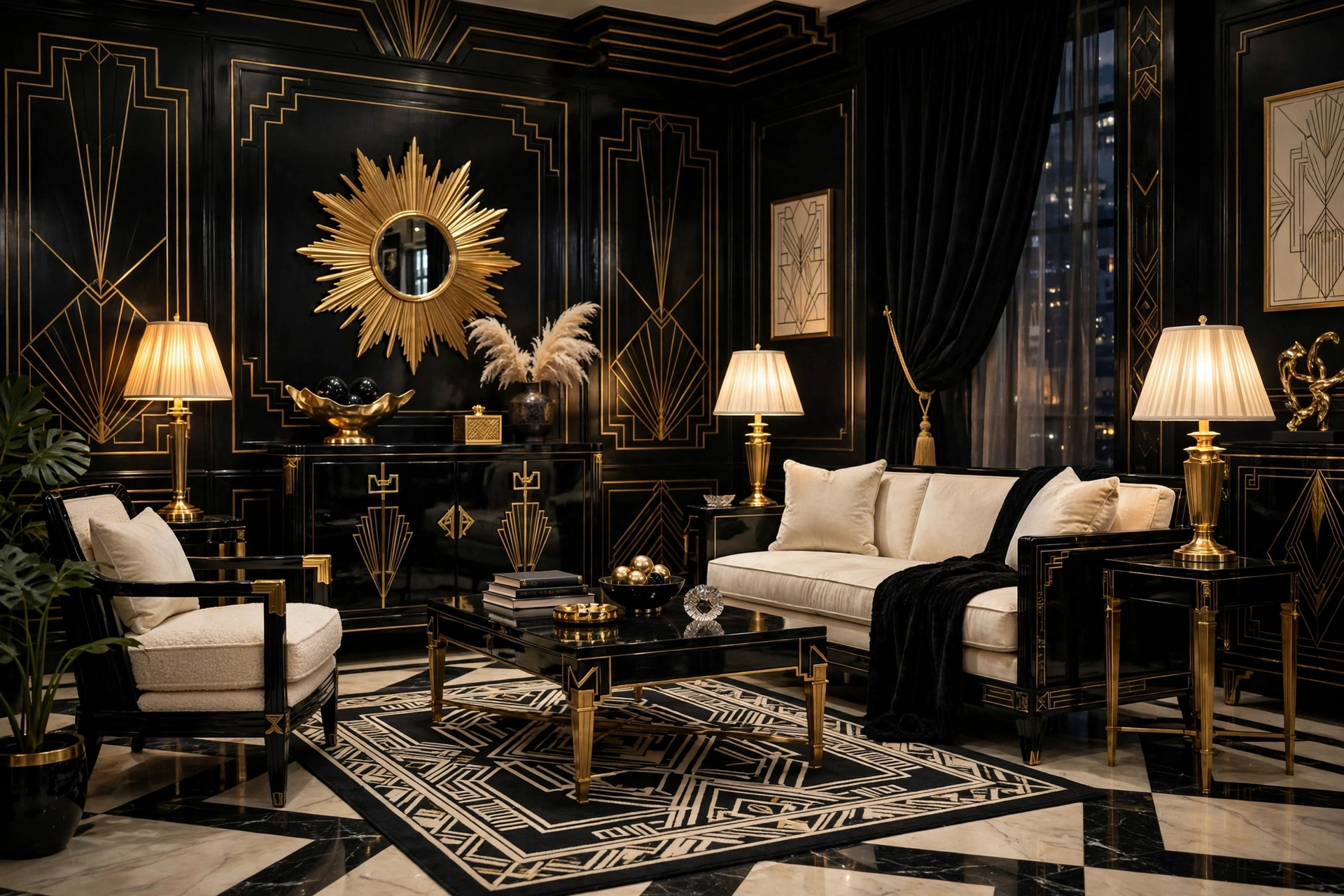 Art deco living room design ideas mixing black lacquered furniture with gold accents